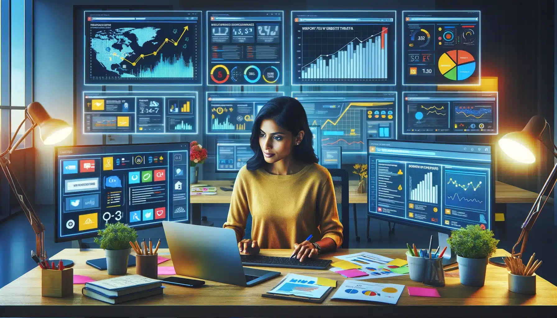 image of a modern digital marketer at a workspace, surrounded by multiple screens displaying various analytics and social media platforms.