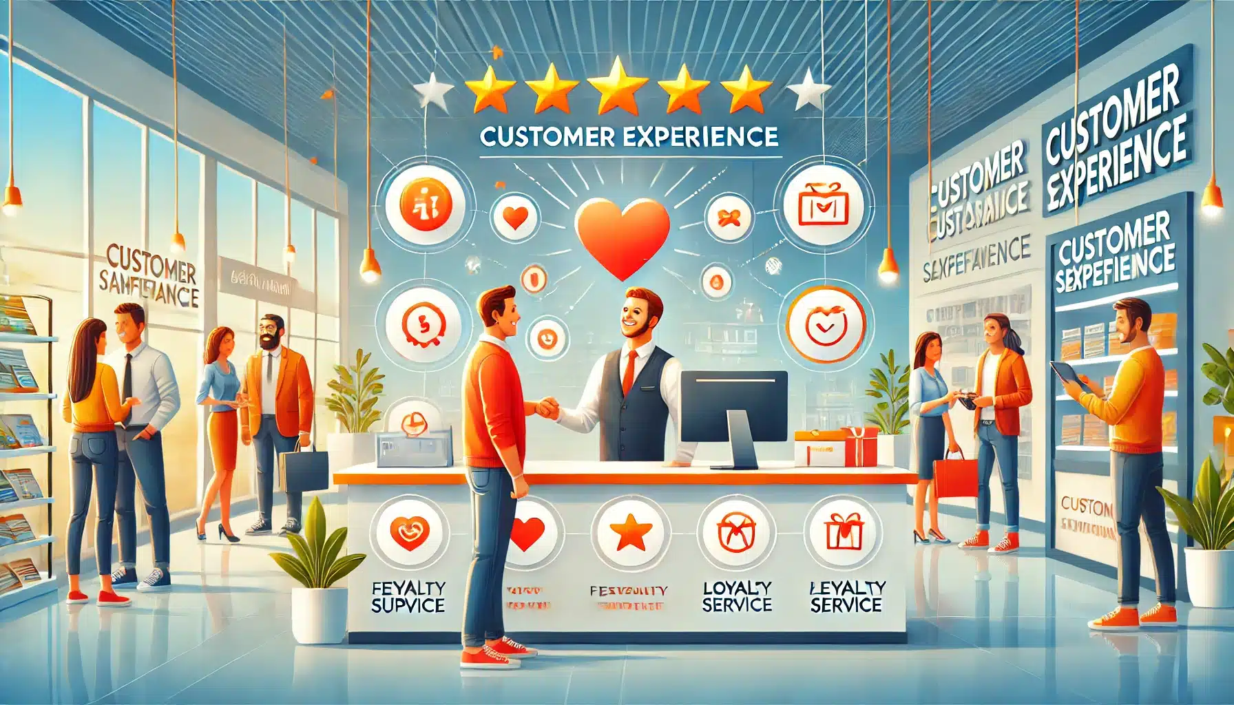 A vibrant scene illustrating the importance of customer experience in a business setting, with a satisfied customer shaking hands with a friendly representative at a service desk, surrounded by various icons and people engaging in customer service activities