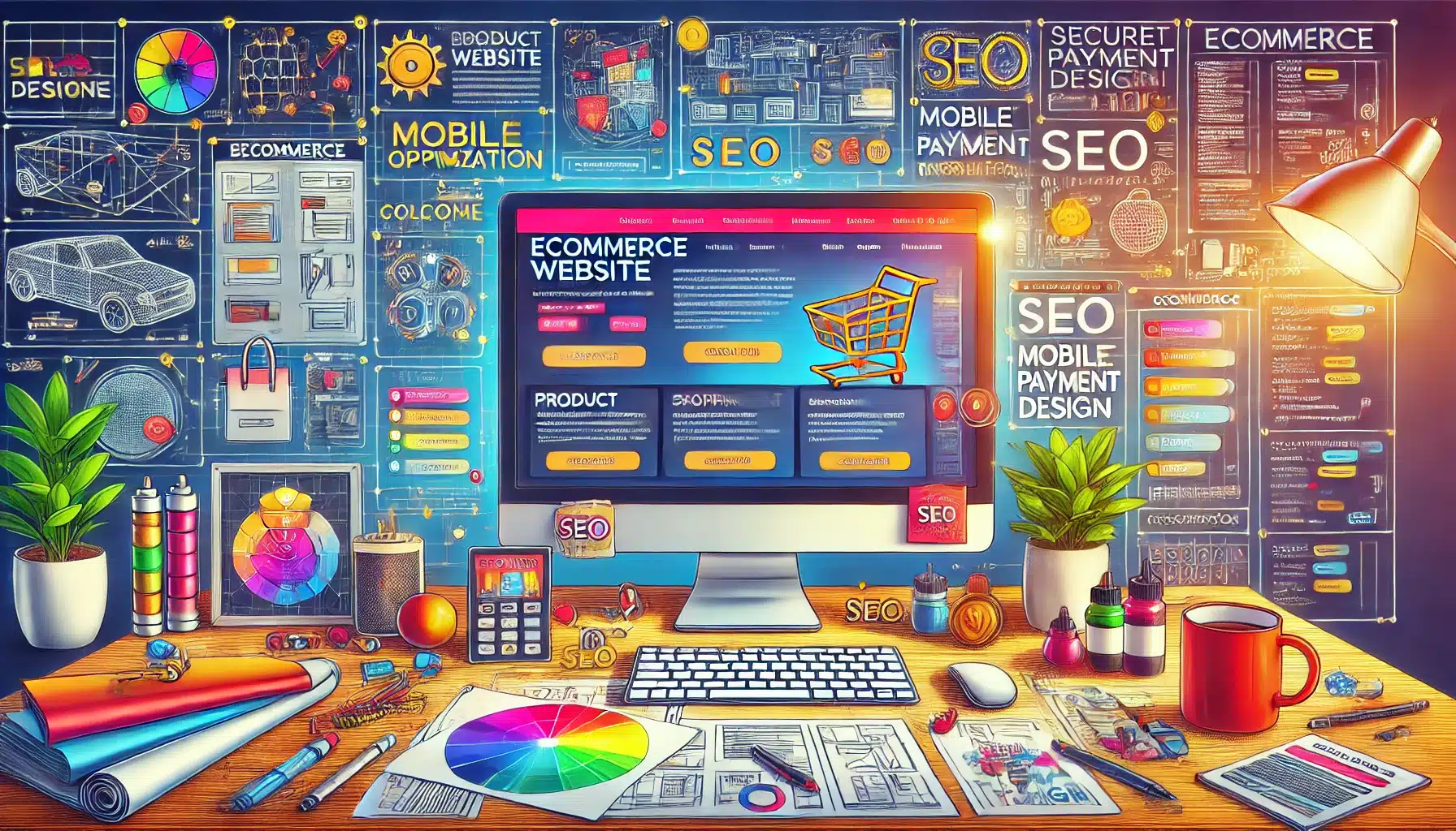Creative workspace with a computer displaying an e-commerce website design, surrounded by various design elements, SEO, mobile optimization, and secure payment design concepts, along with office supplies and color charts.