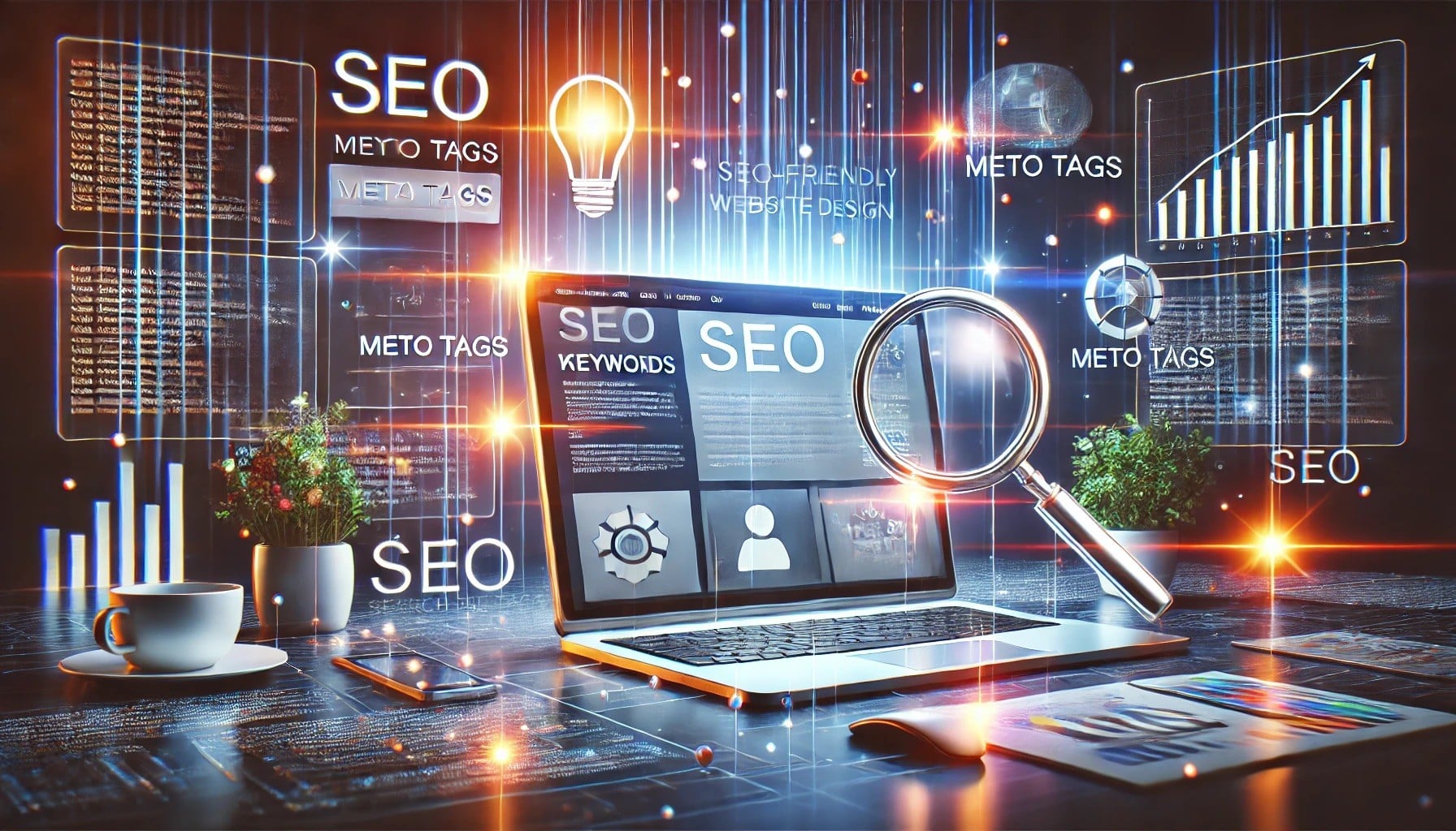 Digital illustration of SEO concepts including meta tags, keywords, and SEO-friendly website design displayed on a laptop screen, with a magnifying glass and various charts and graphs in the background.