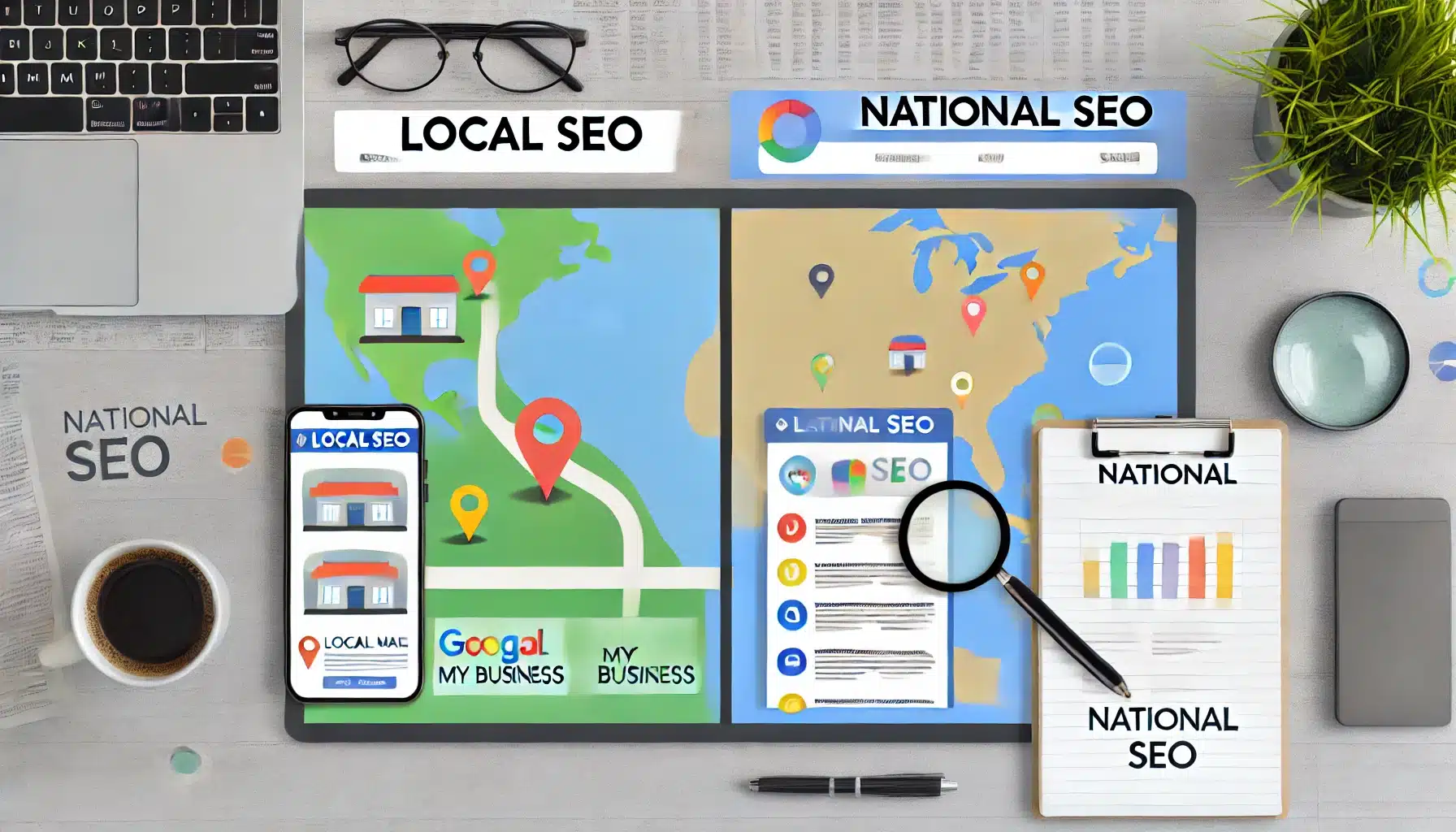 Illustration comparing local SEO and national SEO with maps, location markers, and various SEO tools, displayed on a workspace with a laptop, smartphone, glasses, and coffee cup.