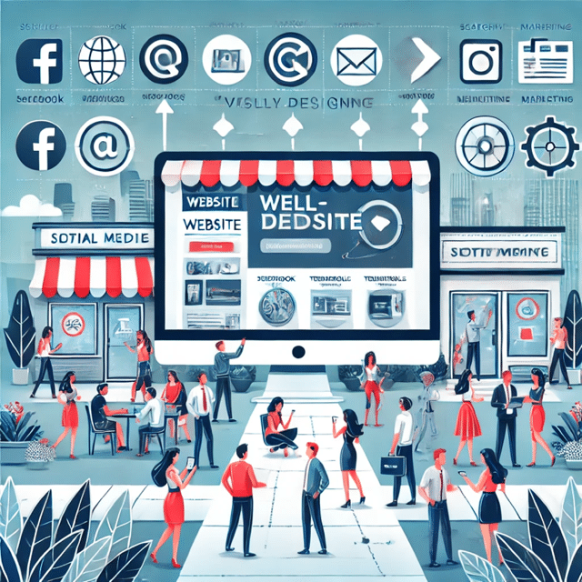 Illustration of a well-designed website driving a targeted audience to a business. The background features a computer screen displaying an engaging homepage with high-quality images, compelling headlines, and a clear call-to-action button.