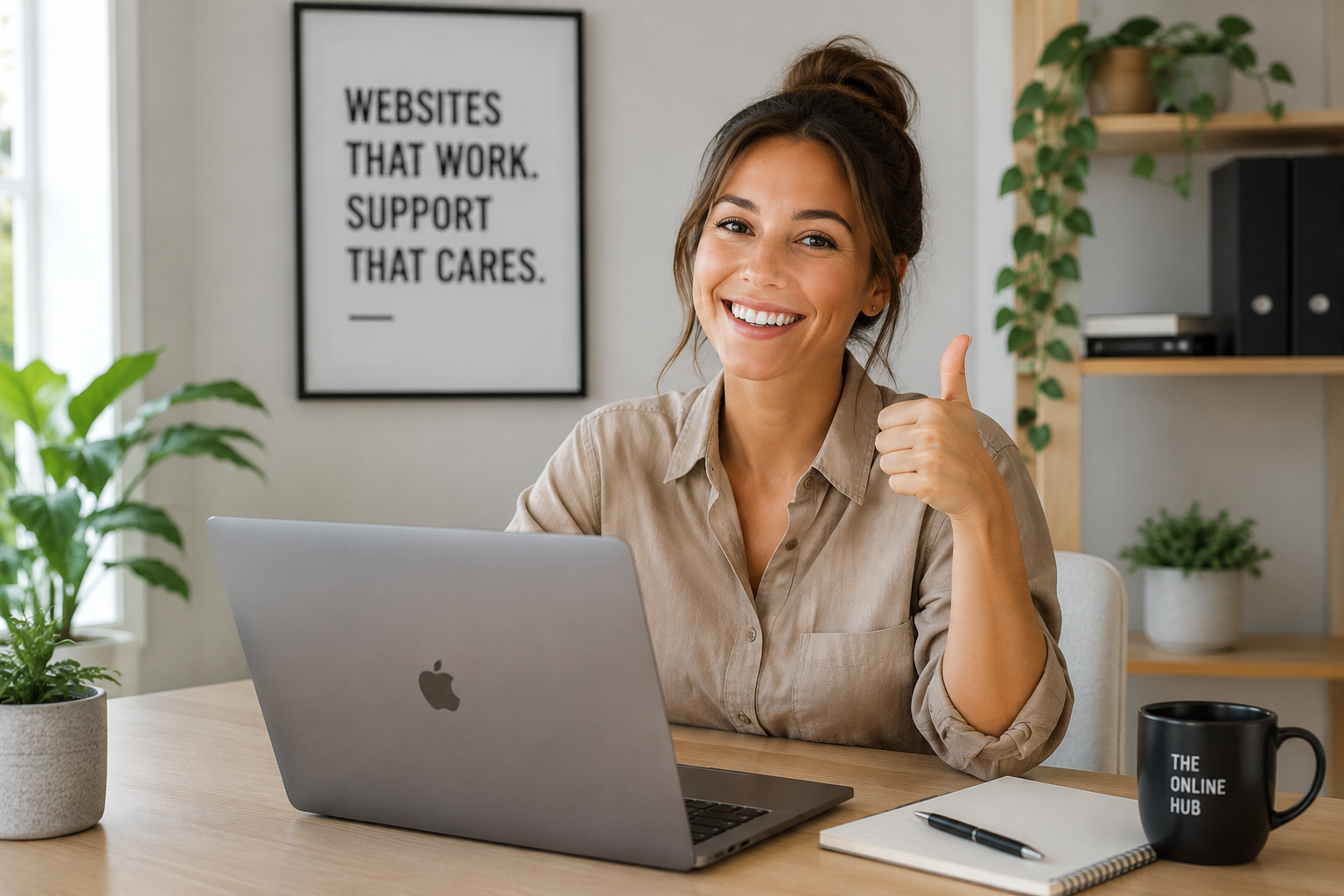 Business owner working on a laptop with a thumbs up, representing WordPress website management and support for Australian small businesses.